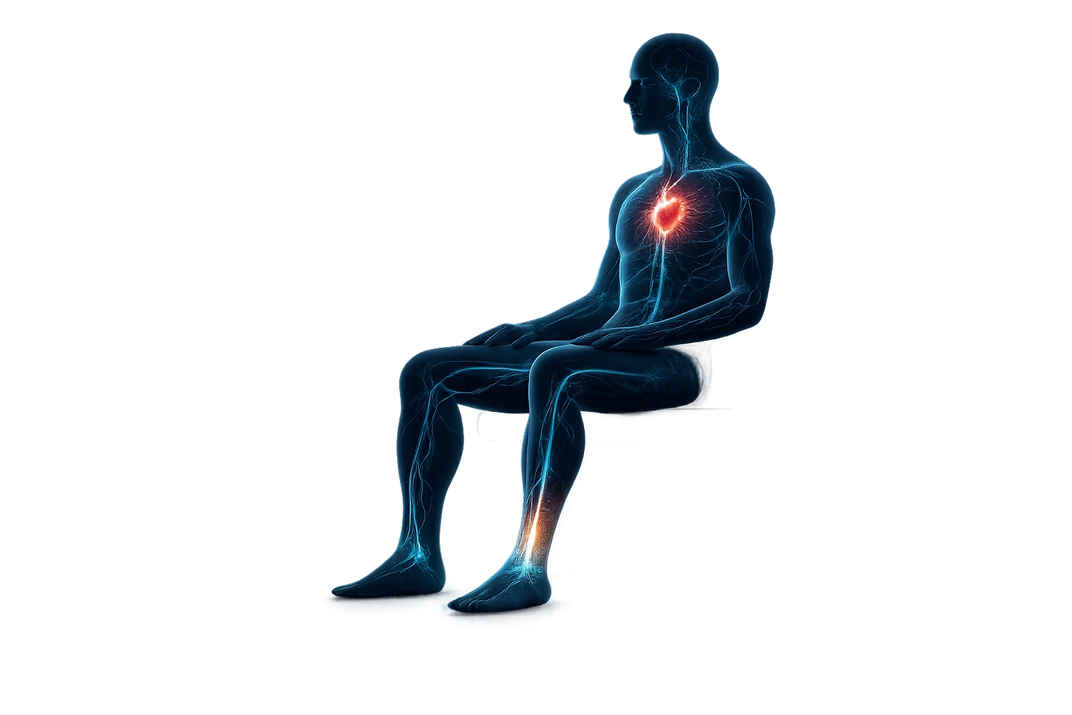 Semi-transparent seated person showing the heart, blood vessels and soleus muscle