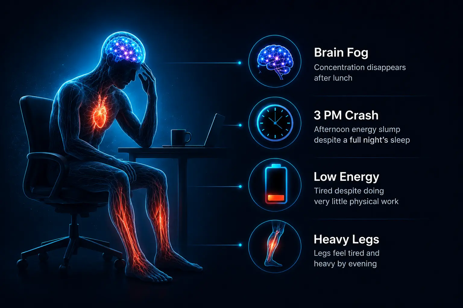 Body symptoms illustration showing brain fog, 3 PM crash, low energy, and heavy legs